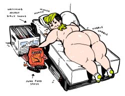 ass bbw bed bedroom casual chips_(food) doritos eating electronics fat fat_ass female food green_hair hedda huge_ass human lying_down lying_on_bed lying_on_stomach nude nudist original_character pale_skin phone polocom socks socks_only