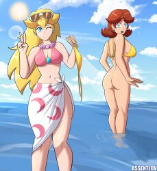 2girls ass assentlov assisted_exposure bare_ass beach big_breasts bikini bikini_bottom_removed bikini_theft bikini_top blonde_hair blue_eyes bottomless brown_hair busty cleavage clothing_thief earrings embarrassed embarrassed_female exposed exposed_ass female flower_necklace grin human large_breasts light_skin mario_(series) navel ocean one_eye_closed princess_daisy princess_peach princess_peach_(swimwear) sarong stolen_bikini stolen_clothes stolen_swimsuit sun sunglasses sunglasses_on_head super_mario_bros. super_mario_odyssey swimsuit v water wino