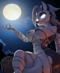 2022 3d_(artwork) absurd_res anthro areola areola_slip big_breasts blood bodily_fluids breasts canid canid_demon cemetery clothing costume demon digital_media_(artwork) female freezo full_moon glowing glowing_eyes grey_areola grey_nipples hellhound helluva_boss hi_res loona_(helluva_boss) mammal moon mummy_costume night nipples sitting solo thick_thighs