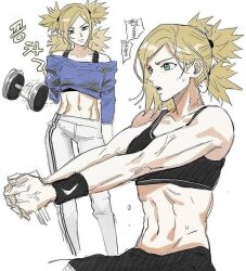 1girls boruto:_naruto_next_generations bra crop_top female female_focus female_only milf naruto naruto_shippuden nike_logo pants squatting sweat sweatdrop teal_eyes temari twin_drills working_out wristband