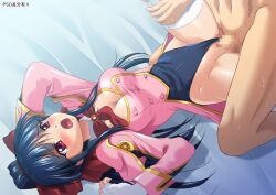 1boy 1girls bed big_breasts blue_hair blush bow breasts busty censored cleavage clothed_sex clothing clothing_aside female fingerless_gloves gloves hair_ribbon jiyuuyuu leg_grab legs leotard leotard_aside long_hair male missionary moaning open_mouth penis ponytail pov purple_eyes pussy ribbon sakura_shinguji sakura_wars sega sex skeb_commission stockings sweat thighhighs thighs underwear uniform vaginal_penetration