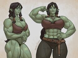 1girls abs absurd_res big_breasts black_hair blue_eyes fangs female female_only flexing flexing_bicep fraeya_(m4rjinn) green-skinned_female green_skin long_hair looking_at_viewer looking_away m4rjinn muscles muscular muscular_female muscular_thighs orc orc_female pointy_ears smiling_at_viewer solo twintails