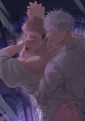 2boys against_window anal bangs black_pants blue_eyes blush brown_eyes ccccc_(jpn_m0) city couple facial_mark hand_grab highres indoors itadori_yuuji jujutsu_kaisen male_focus multiple_boys open_mouth open_pants pants pink_hair satoru_gojo sex sex_from_behind shirt short_hair tongue tongue_out undercut white_hair white_shirt window yaoi