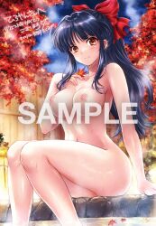 1girls arm_support big_breasts blue_hair blush bow breasts brown_eyes busty female female_only hair_ribbon hand_on_own_chest japanese_text large_breasts legs looking_at_viewer medium_breasts navel nipples nude onsen ponytail ribbon sakura_shinguji sakura_taisen sakura_wars sample_watermark sega sitting smile solo sweat thighs translation_request voluptuous water wet yano_takumi