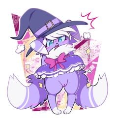 anthro blue_eyes blush clothed clothing female fluffy fluffy_tail generation_6_pokemon genitals lividdear meowstic nintendo no_underwear pokemon pokemon_(species) purple_body pussy solo video_games