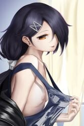 azur_lane black_hair breasts brown_eyes cassin_(azur_lane) female female_focus female_only hair_and_beard(artist) light-skinned_female light_skin mole mole_under_eye nipples no_bra parted_lips pulling_shirt short_hair small_breasts solo solo_female solo_focus tongue tongue_out