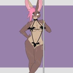 absurd_res anthro areola areola_slip bell belladonna_(prismatic_wolf) bikini bite_mark choker clothed clothing eye_scar facial_scar female hair hi_res jewelry lagomorph leporid looking_away mammal mostly_nude necklace pink_hair pole prismatic_wolf rabbit red_eyes scar skimpy solo swimwear