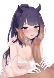 1boy 1girls bangs blush breasts camisole censored choker collarbone dark-skinned_male dark_skin feint721 feintheart721 female gloves gradient_hair heart heart_choker highres hololive hololive_english hololive_myth interracial light-skinned_female light_skin lingerie long_hair looking_at_viewer mole mole_under_eye mosaic_censoring multicolored_hair ninomae_ina'nis open_mouth orange_hair penis pointy_ears ponytail purple_hair sidelocks small_breasts solo_focus straight strap_slip tentacle_hair very_long_hair virtual_youtuber white_camisole white_choker white_footwear white_gloves