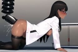 ai_generated all_fours bangs blush dark_skin doggy_style fucking_machine lab_coat labcoat laboratory machine nai_diffusion original science science_fiction scientist sex_machine sex_toy smile smiling solo solo_female stable_diffusion straight_hair thick_thighs thighhighs