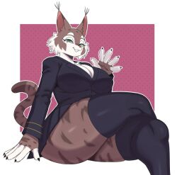 anthro big_ass big_breasts brown_fur cat_ears cat_tail claws cleavage clothed clothing crossed_legs feline female furry green_eyes lynx sitting smile solo sssonic2 suit tail thick_thighs thighhighs two_tone_body waving_at_viewer white_fur zeha