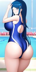 ai_generated ass blue_eyes blue_hair bubble_butt danganronpa danganronpa:_trigger_happy_havoc huge_ass huge_breasts looking_at_viewer looking_back maizono_sayaka n.c.b_ai nai_diffusion one-piece_swimsuit pool school_swimsuit smile stable_diffusion wink