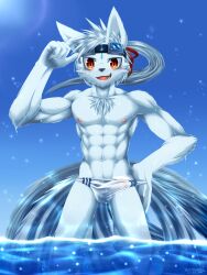 absurd_res akino-kamihara anthro blue_body blue_fur blush bottomwear bulge chest_tuft clothed clothing clothing_pull crotch_tuft detailed_bulge dipstick_tail erection erection_under_clothing eyewear eyewear_on_head facial_markings fur generation_1_pokemon genital_outline goggles goggles_on_head hair head_markings hi_res looking_at_viewer male male_only markings multi_tail muscular muscular_anthro muscular_male ninetales nintendo nipples outside partially_submerged penis_outline pokemon pokemon_(species) ponytail shiny_pokemon solo speedo suntan swimwear tail_markings translucent translucent_clothing tuft video_games water wet white_body white_fur