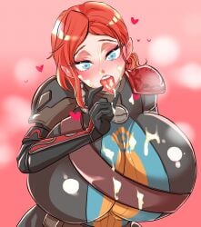 armor belt blue_eyes blush bodysuit breasts breasts_bigger_than_head breath cum cum_in_mouth cum_on_clothes cum_on_face cum_on_hand cum_on_tongue eye_contact facial fellatio_gesture gauntlets grim_dawn heart heart-shaped_pupils huge_breasts imminent_fellatio imminent_oral kodainosinpi korinia large_breasts leaning_forward looking_at_viewer naughty_face open_mouth ponytail red_hair shoulder_pads standing steam surprised tied_hair tight_bodysuit tight_clothing tongue tongue_out