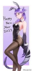 1girls 2020s 2023 bare_shoulders big_breasts blush bowtie braid braided_hair braided_ponytail bunny_ears bunny_ears_headband bunnysuit cleavage detached_collar dragon_girl dragon_hand dragon_tail exposed_shoulders hair_wings hairclip happy_new_year head_wings headband heterochromia hi_res highres legs medium_breasts nijisanji nijisanji_en pantyhose purple_hair ramudan selen_tatsuki solo solo_female solo_focus tail virtual_youtuber wrist_cuffs