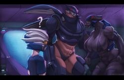 1boy 2d 2girls abs big_breasts bikini bleachedleaves female_mgalekgolo female_sangheili halo_(series) helmet hunter_(halo) larger_female mgalekgolo sangheili spartan_(halo) thick thick_thighs