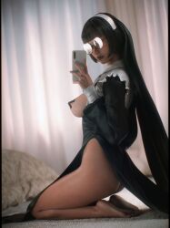 1girls 2022 3d alternate_version_available black_hair bob_cut bottomless female female_only glasses indoors large_breasts mirror_selfie on_knees pasties round_glasses selfie shoelac3 side_view solo solo_female x_pasties