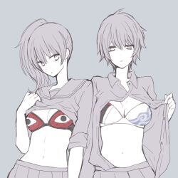 2girls bra canon_genderswap cleavage female female_only flashing genderswap_(mtf) ginko_sakata gintama gintoki_sakata ine_yk looking_at_viewer medium_breasts okita_sougo okita_souko open_shirt partially_colored ponytail presenting presenting_breasts rule_63 school_uniform serafuku shirt_lift short_hair side_ponytail tomboy very_short_hair