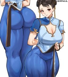 1girls absurd_res absurdres ass bangs blue_pants blush bracelet breasts brown_eyes brown_hair bubble_ass bubble_butt china_dress chinese_clothes chun-li cleavage clothing_cutout cromwellb double_bun dress feet female female_only fully_clothed hair_bun hair_ribbon highres huge_ass huge_thighs jewelry large_ass large_breasts lifting_skirt long_hair looking_at_viewer mature_female milf multiple_views muscular muscular_ass muscular_female pants pelvic_curtain ribbon short_sleeves showing_ass simple_background smile smiling solo street_fighter street_fighter_6 thick_thighs thighs thunder_thighs tight tight_clothing tight_pants wide_hips yellow_ribbon