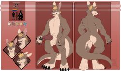 anthro ass balls blue_eyes ej feet genitals hair hi_res kangaroo knot long_tail macropod male male/male mammal marsupial model_sheet muscular muscular_male pattern_background penis pink_ears pride_color_flag simple_background smile solo striped_background tail xenon_nero