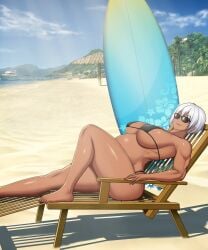 1girls beach brown_skin dark_skin mk001black muscular muscular_female original original_character pregnant sarah_(mk001black) sunglasses surfing_board swim_suit swimsuit tanning_chair tinted_eyewear white_hair