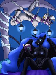 alicorn anthro bed big_breasts bit_gag blinders bondage bound breasts bridle dark_persona duo equid equine eyewear female friendship_is_magic furniture gag grin hanging_breasts harness hasbro hi_res horn lamp lantern mammal masturbation my_little_pony nightmare_moon_(mlp) nude princess_luna_(mlp) quakehoof smile straight_hair suspension suspension_bondage wings zebra zecora_(mlp)