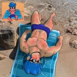 1boy abs background bara beard blue_hair bulge facial_hair gay human los_compas male male_focus male_only minecraft_youtubers outside pecs reference_image serious smile_heart solo sunbathing sunburn sunglasses swimwear tan tan_body tanline tanned timbavk underwear youtube_hispanic