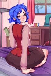 1girls 5-ish absurd_res already_uploaded ass back_view bed bedroom blue_hair clothed clothing emily_(stardew_valley) female female_focus female_only highres light-skinned_female light_skin long_sleeves looking_back medium_hair purple_eyes sitting_on_bed skirt small_breasts smile solo solo_female stardew_valley thick_thighs