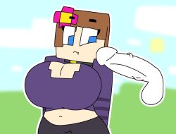 1boy 1girls blue_eyes brown_hair flower_in_hair guyspermo_(itisspermo) horny_female human_female humanoid itisspermo jenny_belle_(slipperyt) minecraft original_character outside penis spermo_(itisspermo) tagme