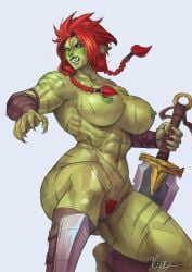 1girls abs blushing braided_hair breasts cassandra_(virgoart1509) green-skinned_female green_skin looking_at_viewer muscular muscular_female muscular_thighs orc orc_female original_character pointy_ears pubic_hair red_hair scar sweat sword tagme thick_thighs tusks virgoart1509