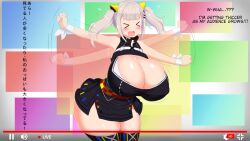 ass_expansion black_dress breast_expansion breast_growth closed_eyes dialogue huge_breasts kaguya_luna kaguya_luna_(character) kainkout surprised the_moon_studio thick_thighs thigh_expansion virtual_youtuber white_hair