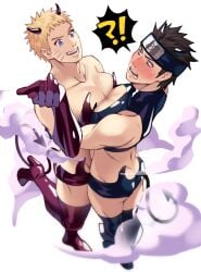 2boys androgynous ass ass_cleavage bare_shoulders bare_thighs big_breasts blonde_hair blue_eyes blush boots booty_shorts boruto:_naruto_next_generations breast_press breast_squeeze breast_squish brown_eyes brown_hair busty busty_boy butt_crack cleavage clothing crossdressing cuddling devil_horns devil_tail elbow_gloves embrace embracing femboy femboy_dilf femboy_on_femboy feminine_male footwear gay girly gloves heel_boots heeled_boots heels hi_res high_heel_boots high_resolution highres horns hug knee_boots kneehighs large_breasts latex latex_gloves leg_lift leg_up legwear light-skinned_male light_skin lingerie makeup male male/male male_only male_with_breasts naruto naruto_(classic) naruto_(series) naruto_shippuden nervous nervous_sweat nose_blush open_mouth pale-skinned_male pale_skin pinup pose posing revealing_clothes sarutobi_konohamaru sexy_no_jutsu short_hair short_shorts shorts shounen_jump sissification sissy spiky_hair standing standing_on_one_leg succubus succubus_(male) succubus_horns succubus_tail sweat sweatdrop sweating tail thigh_boots thighhighs thighs trap underwear uzumaki_naruto wink yaoi yellow_hair yukichikichichi