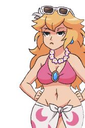 1girls archdan big_breasts bikini blonde_hair blue_eyes breasts busty child_bearing_hips cleavage female female_only flower flower_necklace hands_on_hips highres hips jewelry large_breasts legs long_hair mario_(series) navel necklace nintendo pink_bikini pose princess princess_peach princess_peach_(swimwear) sarong shaded_face solo sunglasses_on_head super_mario_odyssey swimsuit thighs unamused voluptuous