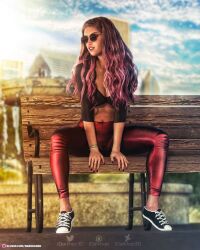 1girls 2022 3d bench bracelet clothed clothing darkhan3d depth_of_field dyed_hair female female_only front_view large_breasts long_hair outdoor outdoors outside pink_hair seated sitting solo solo_female spread_legs sunglasses tinted_eyewear