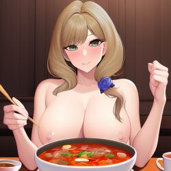 1girls ai_generated big_breasts breasts dinner_table female female_only genshin_impact green_eyes imminent_eating lisa_(genshin_impact) looking_at_viewer mihoyo nai_diffusion nude pov soup stable_diffusion topless vegetable_soup