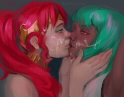 2girls astriss circlet clothed cum cum_in_mouth cum_on_face cum_swap emerald_sustrai female female_only gorget green_eyes green_hair hands_on_face headgear human interracial jewelry kissing multiple_girls ponytail pyrrha_nikos red_eyes red_hair rwby short_hair sidelocks snowballing yuri