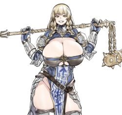 1girls armor armored armored_female armored_gloves bikini_armor blonde_hair braided_hair braids bronze_eyes brown_eyes cleavage couters curvy fantasy female female_only flail gauntlets gorget greaves grin grinning grinning_at_viewer houtengeki huge_breasts light-blonde_hair light-skinned_female light_skin looking_at_viewer medieval medieval_armor medieval_fantasy medieval_weapon melee_weapon metal_armor morning_star morning_star_(weapon) orange_eyes original original_character pale-skinned_female pale_skin pauldrons pelvic_curtain shark_teeth sharp_teeth skimpy_clothes smile smile_at_viewer smiling smiling_at_viewer smirk solo solo_female tassets thick_thighs vambraces weapon yellow_eyes