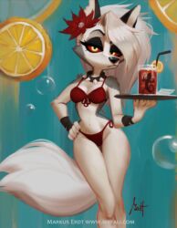 bikini breasts drinking_glass flower_in_hair furry hellhound helluva_boss loona_(helluva_boss) mexican sassy small stepdaughter tail thick_thighs white_fur white_skin