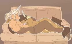 animated anthro bovid bovine cow_horns cuddling eyes_closed female horns jason_(slightlysimian) kissing_head male male/female molly_(slightlysimian) mp4 no_sound on_couch pink_nose romantic_couple sleeping sleeping_on_couch sleeping_on_partner slightlysimian snuggling tail video wholesome