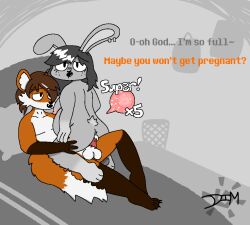 anthro bodily_fluids canid canine cowgirl_position cum cum_inside dialogue dimsun duo female fox from_front_position genital_fluids impregnation inflation lagomorph leporid male male/female mammal nude on_bottom on_top ovum penetration rabbit sex simple_background vaginal_penetration