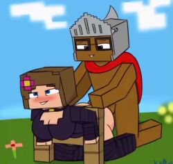 1boy 1girls animated blue_eyes brown_hair cape doggy_style flower flower_in_hair flowers godenot helmet horny_female human_female humanoid jenny_belle_(slipperyt) knight_helmet magi_(knightofburgers) medieval_armour minecraft no_sound outside steve_you_gotta_help_me_i'm_stuck stockings stuck stuck_in_fence tagme video