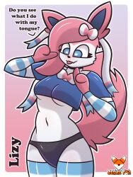 2022 3:4 anthro anthrofied blue_eyes breasts canid clothed clothing curvy_figure dialogue digital_media_(artwork) eeveelution english_text eyelashes facial_tuft female fishnet footwear generation_6_pokemon heart hi_res huge_breasts latex legwear lizy_(zerlix_fox) looking_at_viewer mammal nintendo pink_body pokemon pokemon_(species) pokemorph raised_clothing raised_shirt raised_tank_top raised_topwear shirt signature small_breasts socks solo sylveon tank_top text topwear tuft under_boob underwear video_games zerlix_fox