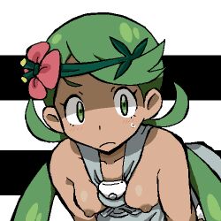 1girls breasts breasts_out dark-skinned_female female female_only gomatarou green_hair mallow_(pokemon) partially_clothed pokemon pokemon_sm solo sweatdrop twintails