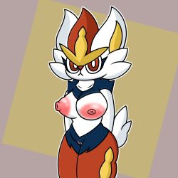 1:1 anthro big_breasts breasts cinderace digital_media_(artwork) female fur generation_8_pokemon genitals hi_res looking_at_viewer lyncario nintendo nipples nude pokemon pokemon_(species) pussy simple_background solo thick_thighs video_games white_body white_fur