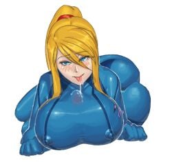 clothed clothed_female cum cum_through_clothes female huge_ass huge_breasts looking_at_viewer mayikillu metroid nintendo paizuri paizuri_under_clothes pov samus_aran titfuck_under_clothes titjob tongue_out