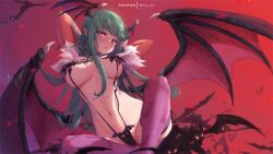 big_breasts capcom darkstalkers green_eyes green_hair medium_breasts mitsu_art morrigan_aensland stockings succubus swimsuit vampire vampire_hunter vampire_savior wings