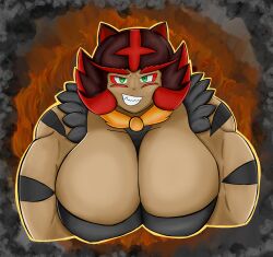 beefmaster cleavage game_freak green_eyes huge_breasts incineroar looking_at_viewer nintendo pokemon pokemon_sm solo