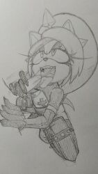 anthro elbow_gloves fellatio fishnets flat_chest fullmetalsketch human_on_anthro latex_gloves latex_thighhighs monochrome open_mouth sharp_teeth sonic_(series) star_the_spineless_hedgehog taped_nipples thigh_boots tongue_out unseen_male_face