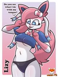 2022 3:4 anthro anthrofied blue_eyes breasts canid clothed clothing curvy_figure dialogue digital_media_(artwork) eeveelution english_text eyelashes facial_tuft female fishnet footwear generation_6_pokemon heart hi_res huge_breasts latex legwear lizy_(zerlix_fox) looking_at_viewer mammal nintendo pink_body pokemon pokemon_(species) pokemorph raised_clothing raised_shirt raised_tank_top raised_topwear shirt signature small_breasts socks solo sylveon tank_top text topwear tuft under_boob underwear video_games zerlix_fox