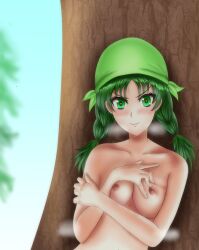 >:) 1girls bandana braid completely_nude covering female female_only fire_emblem fire_emblem:_the_blazing_blade green_eyes green_hair heart-shaped_pupils heavy_breathing instantregret7 looking_at_viewer naked_bandage naughty_face nintendo nipples nude nude_female outdoors rebecca_(fire_emblem) short_hair smile solo steaming_body tree twin_braids