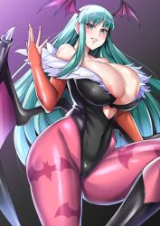 areola_slip bat_print big_breasts capcom clothing darkstalkers gauntlets green_eyes green_hair head_wings large_breasts lc_7v2 leotard looking_at_viewer morrigan_aensland pantyhose pink_pantyhose smiling smiling_at_viewer succubus succubus_wings thick_thighs vampire vampire_hunter vampire_savior wings